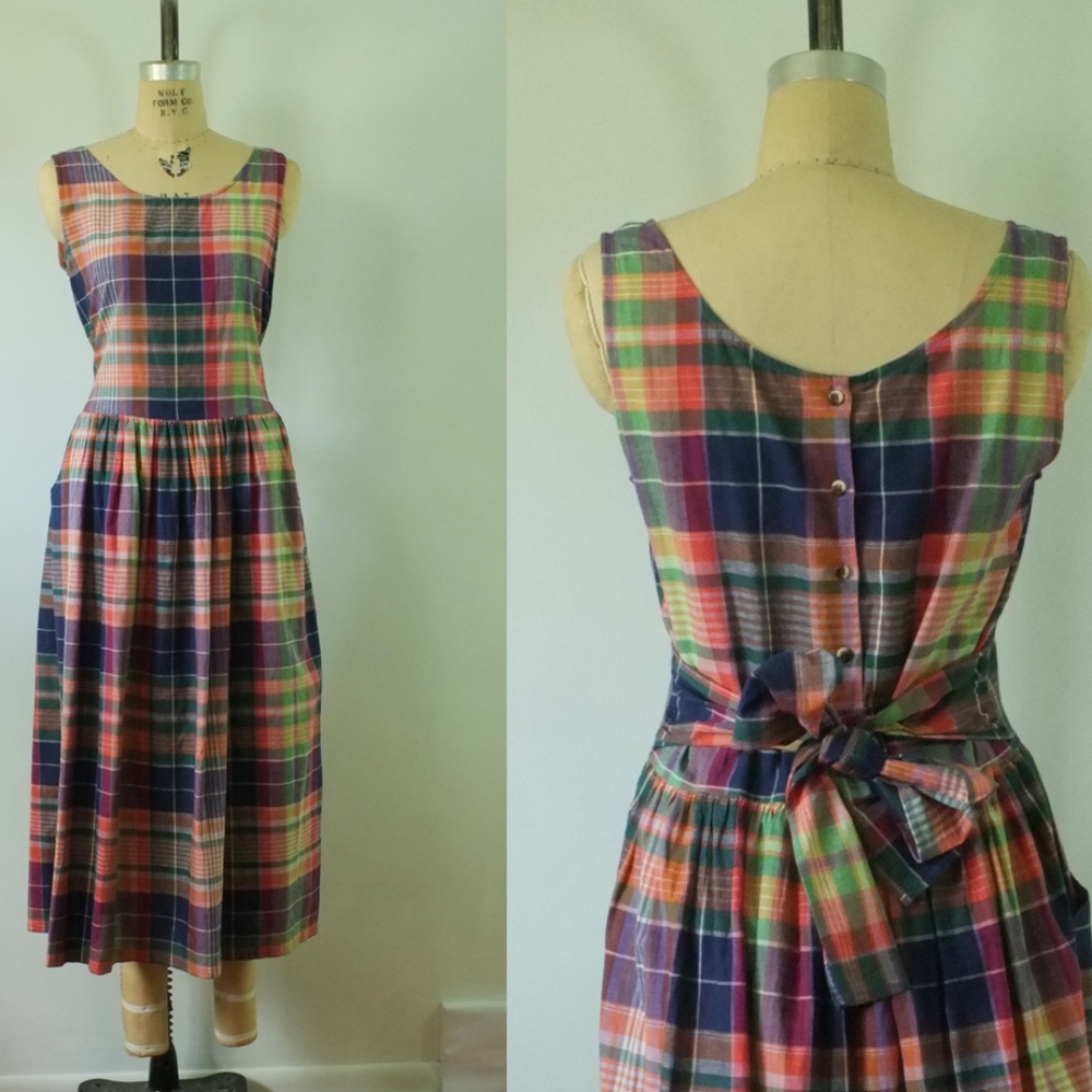 vintage plaid dress | 1980s medium cotton dress - Picture 1 of 14